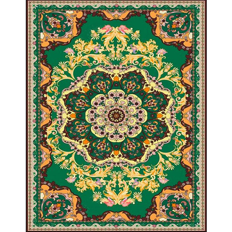 Moroccan Medallion Pattern Carpet with Flower Theme Green Polyester Carpet Machine Washable Non-Slip Area Rug for the Living Room
