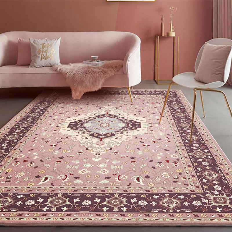 Pink Mediterranean Carpet Polyester Medallion and Floral Pattern Carpet Washable Non-Slip Back Carpet for Living Room