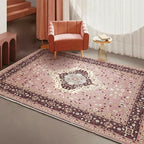 Pink Mediterranean Carpet Polyester Medallion and Floral Pattern Carpet Washable Non-Slip Back Carpet for Living Room