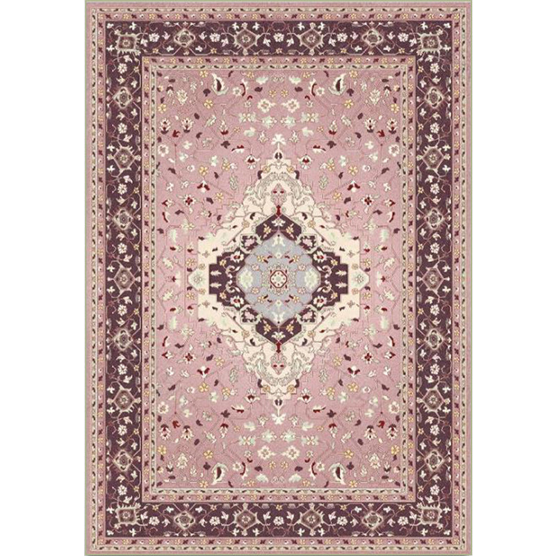 Pink Mediterranean Carpet Polyester Medallion and Floral Pattern Carpet Washable Non-Slip Back Carpet for Living Room