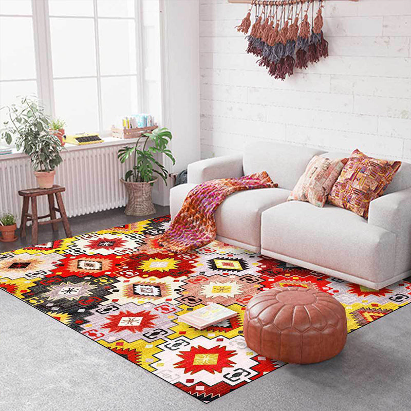 Red Multicolor Mediterranean Carpet Polyester Tiles Printed Rug Washable Non-Slip Back Carpet for Living Room