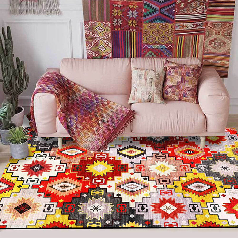 Red Multicolor Mediterranean Carpet Polyester Tiles Printed Rug Washable Non-Slip Back Carpet for Living Room