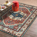 Vintage Medallion Pattern Rug Red and Green Polyester Rug Machine Washable Non-Slip Area Rug for the Living Room