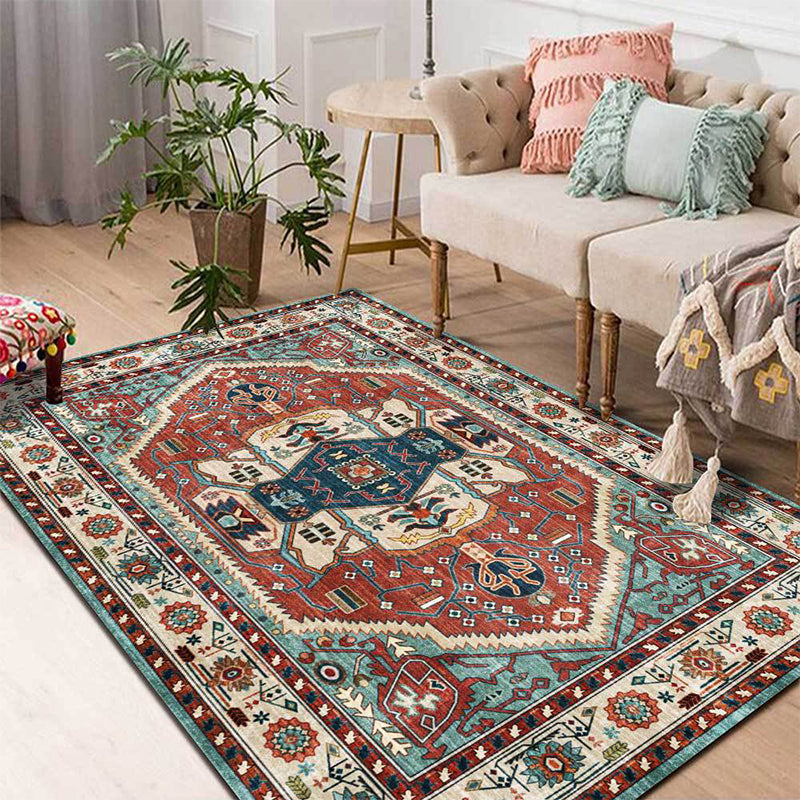 Vintage Medallion Pattern Rug Red and Green Polyester Rug Machine Washable Non-Slip Area Rug for the Living Room