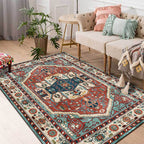 Vintage medallion pattern rug red and green polyester rug machine washable non-slip rug for the living room