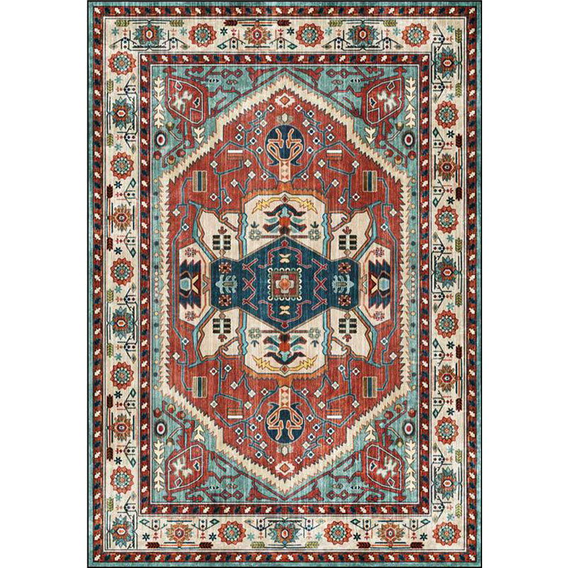 Vintage Medallion Pattern Rug Red and Green Polyester Rug Machine Washable Non-Slip Area Rug for the Living Room