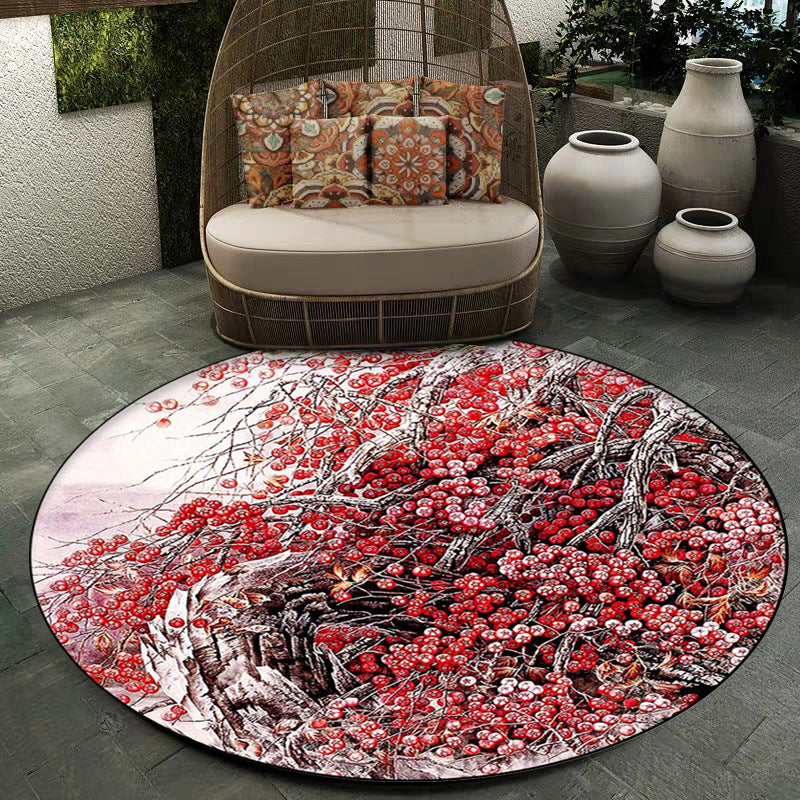 Red Oriental Carpet Polyester Flower and Branch Pattern Washable Non-Slip Back Carpet for Bedroom