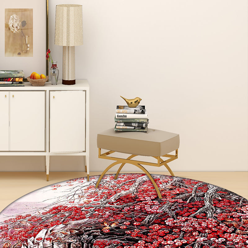 Red Oriental Carpet Polyester Flower and Branch Pattern Washable Non-Slip Back Carpet for Bedroom