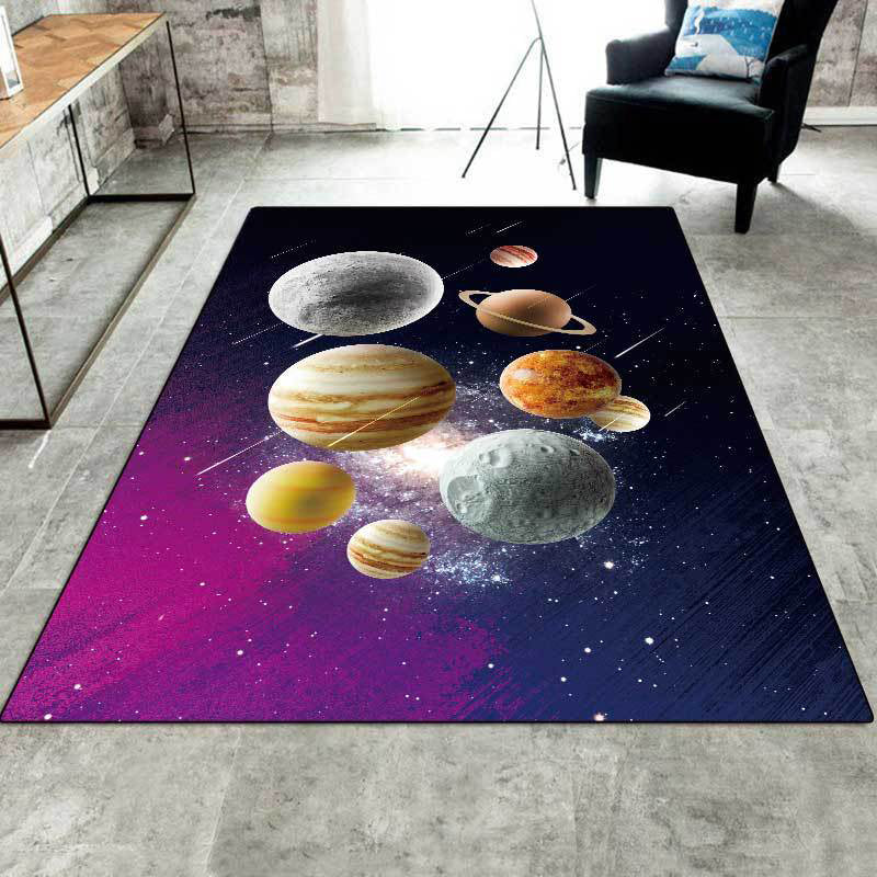Kids' Bedroom Rug in Black and Purple Space Galaxy Planet Print Rug Polyester Machine Washable Rug