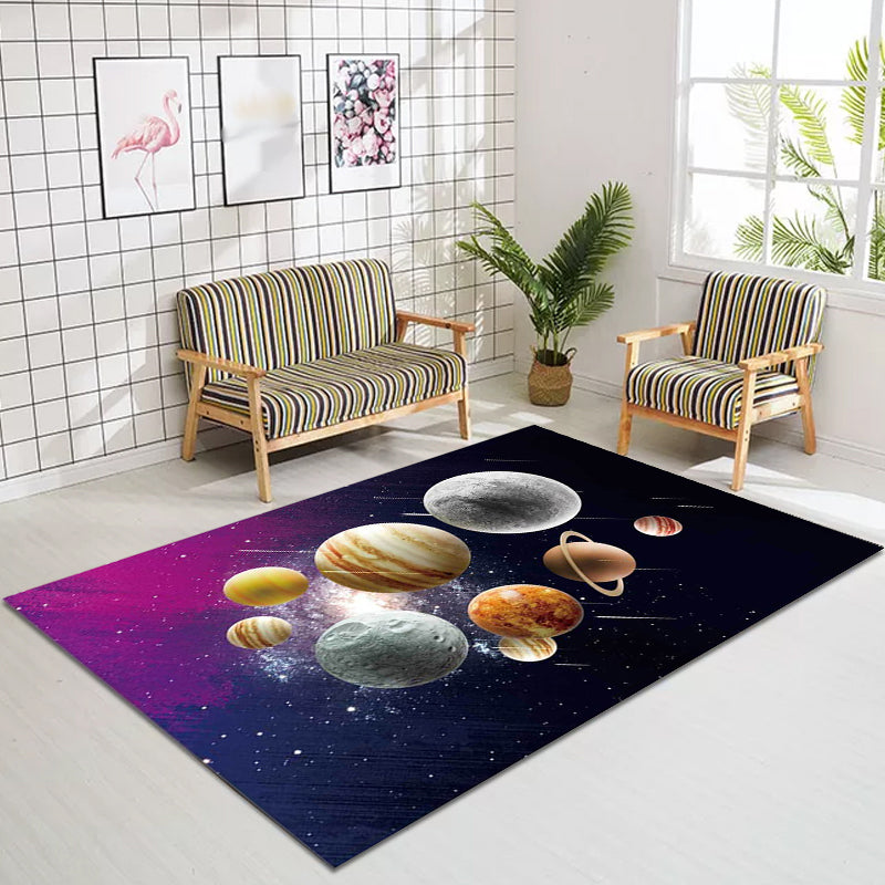 Kids' Bedroom Rug in Black and Purple Space Galaxy Planet Print Rug Polyester Machine Washable Rug