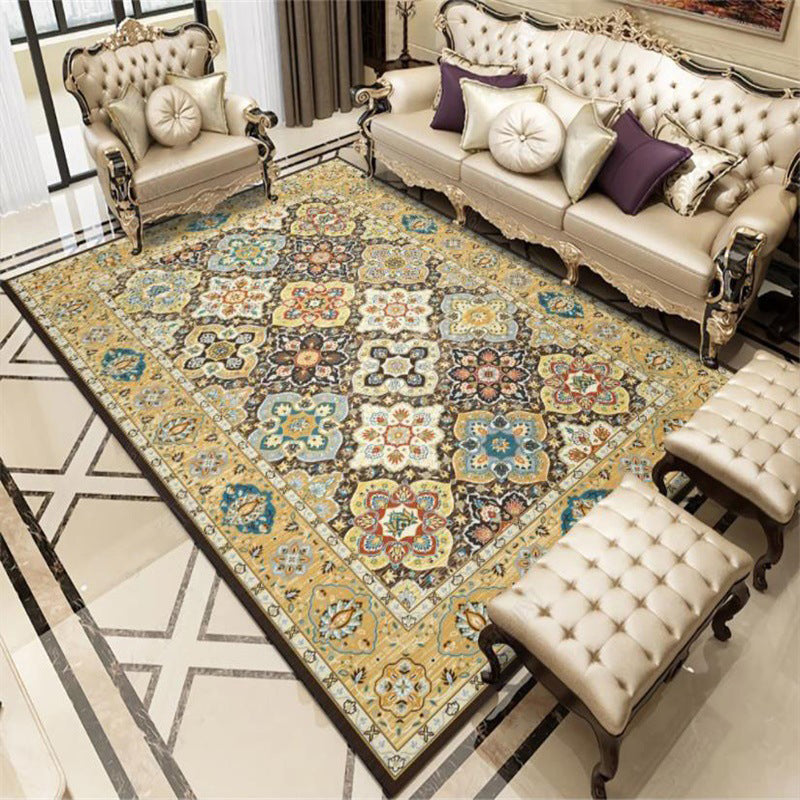 Stylish Tribal Pattern Carpet with Flowers Yellow Vintage Carpet Polyester Washable Non-Slip Back Bedroom Rug