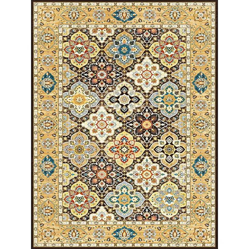 Stylish Tribal Pattern Carpet with Flowers Yellow Vintage Carpet Polyester Washable Non-Slip Back Bedroom Rug