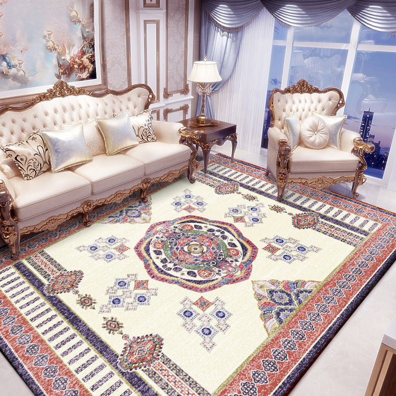 Beige and Red Vintage Carpet Polyester Medallion Pattern Carpet Washable Non-Slip Underlay Carpet for Living Room
