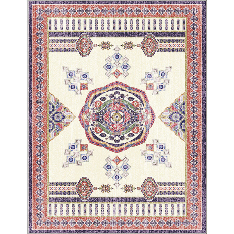 Beige and Red Vintage Carpet Polyester Medallion Pattern Carpet Washable Non-Slip Underlay Carpet for Living Room
