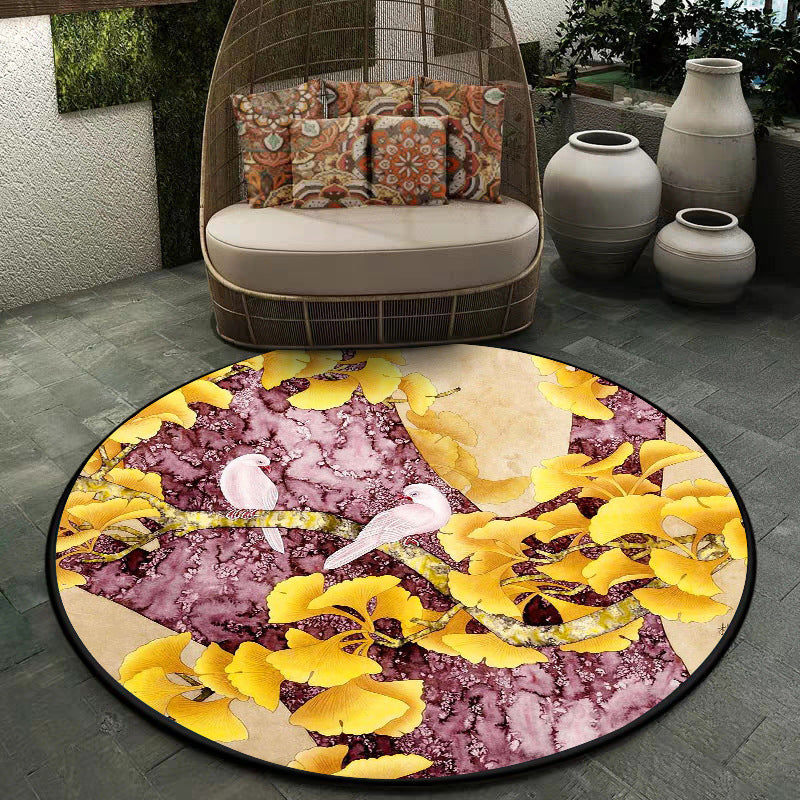 Retro Apricot Leaf Pattern Rug with Bird Yellow and Pink Traditional Rug Polyester Washable Non-Slip Back Rug for the Bedroom
