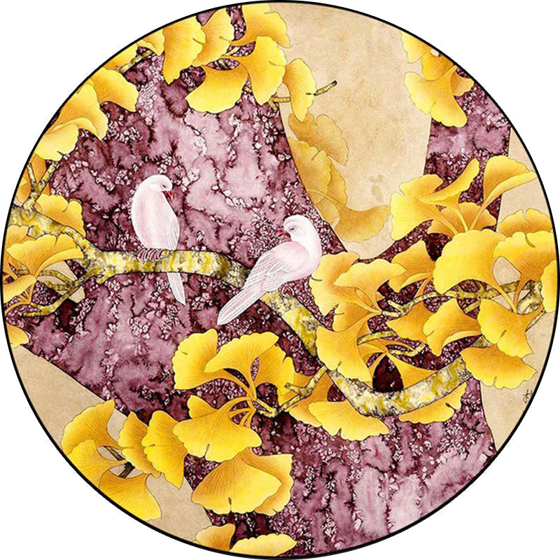 Retro Apricot Leaf Pattern Rug with Bird Yellow and Pink Traditional Rug Polyester Washable Non-Slip Back Rug for the Bedroom