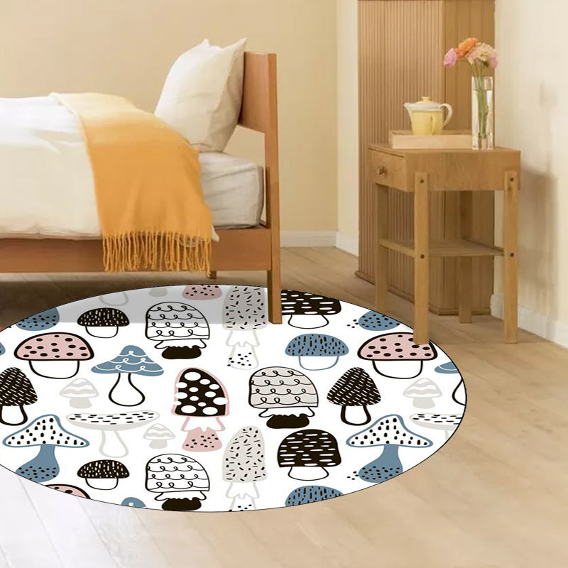 Children's Bedroom Rug in White Botanical Mushroom Print Rug Polyester Non-Slip Back Washable Rug
