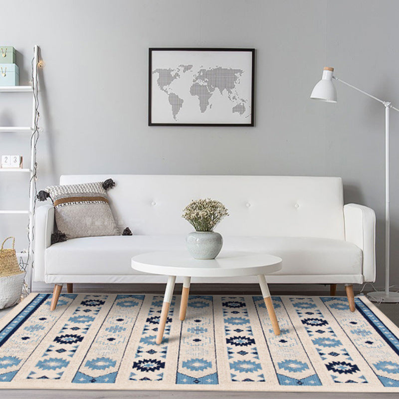 Blue and brown tribal rug striped polyester and tribal pattern rug washable non-slip backing rug for living room