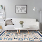 Blue and brown tribal rug striped polyester and tribal pattern rug washable non-slip backing rug for living room