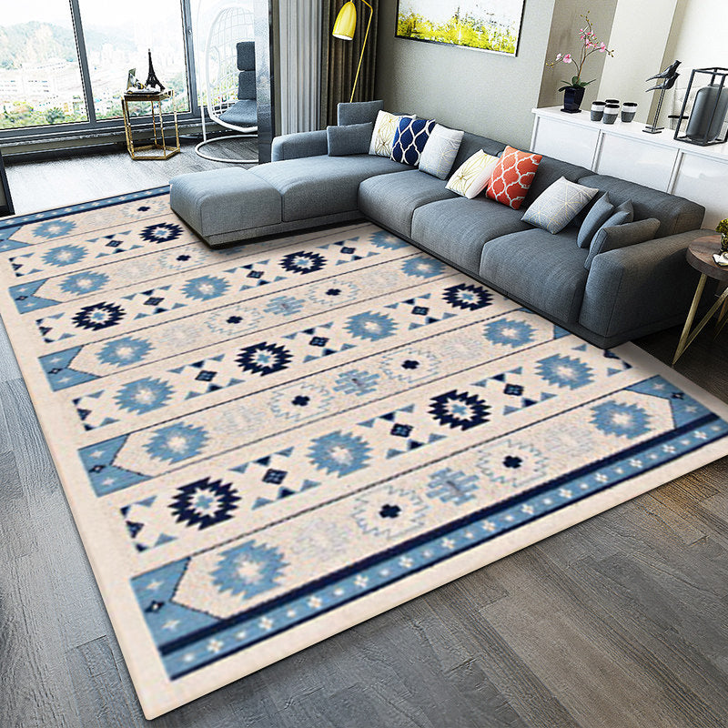 Blue and brown tribal rug striped polyester and tribal pattern rug washable non-slip backing rug for living room