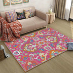 Mediterranean Flower Pattern Carpet Pink Polyester Carpet Machine Washable Non-Slip Area Rug for Living Room