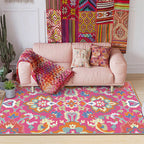 Mediterranean Flower Pattern Carpet Pink Polyester Carpet Machine Washable Non-Slip Area Rug for Living Room