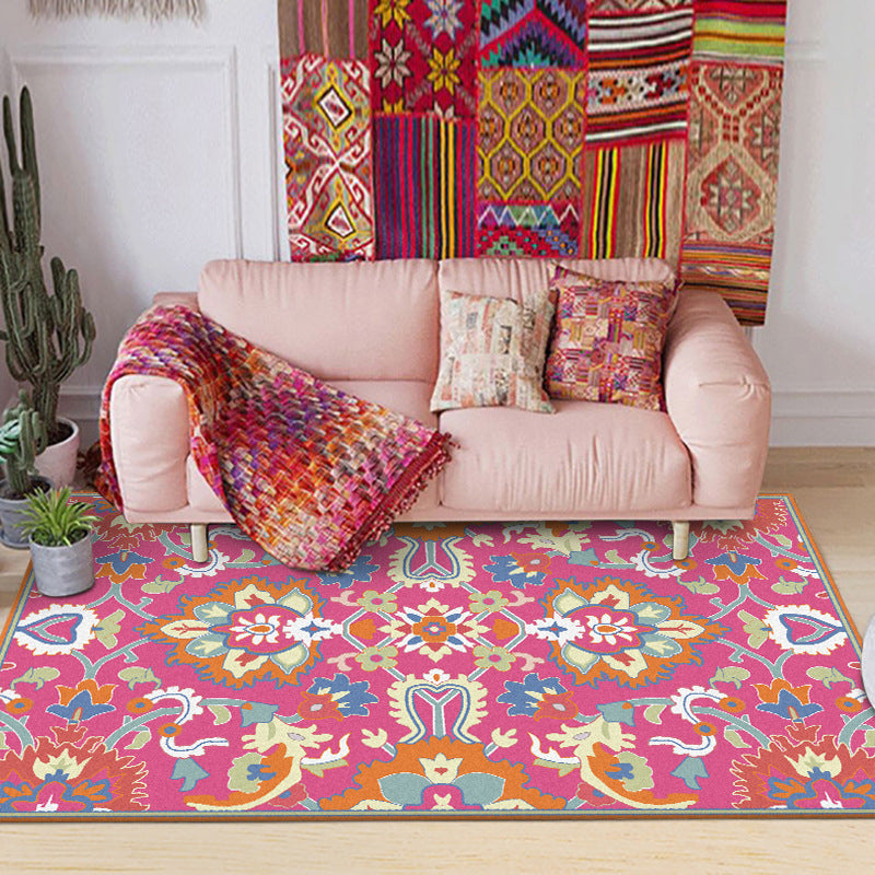 Mediterranean Flower Pattern Carpet Pink Polyester Carpet Machine Washable Non-Slip Area Rug for Living Room