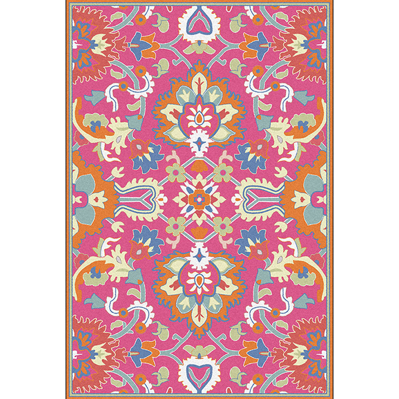 Mediterranean Flower Pattern Carpet Pink Polyester Carpet Machine Washable Non-Slip Area Rug for Living Room