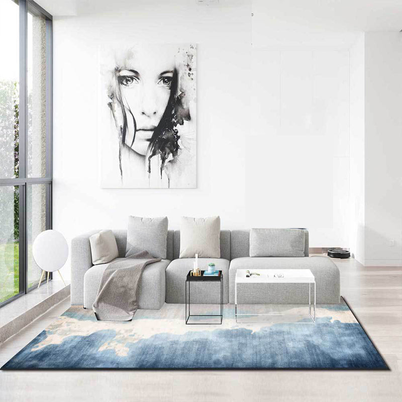 Brown and Blue Oriental Rug Polyester Ink Wash Painting Pattern Rug Washable Non-Slip Back Carpet for Bedroom