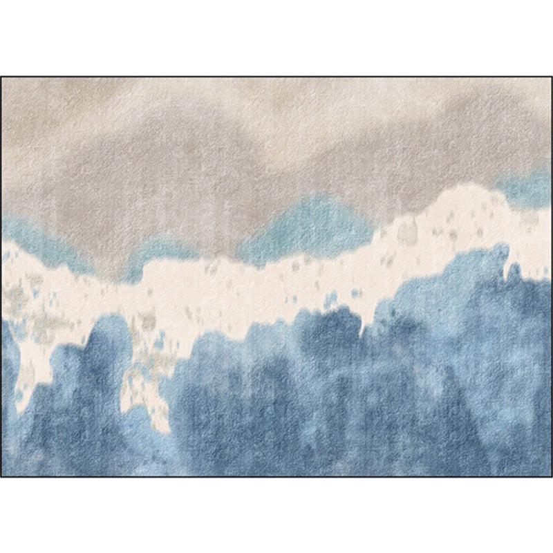 Brown and Blue Oriental Rug Polyester Ink Wash Painting Pattern Rug Washable Non-Slip Back Carpet for Bedroom