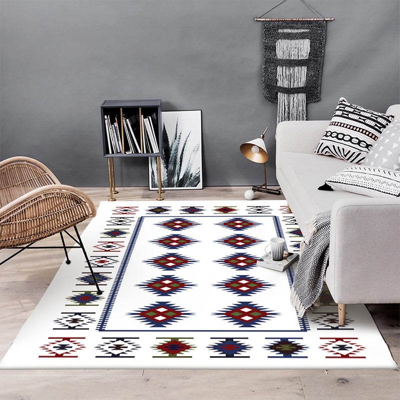 Simple Tribal Pattern Rug White Vintage Rug Polyester Washable Non-Slip Back Rug for Bedroom