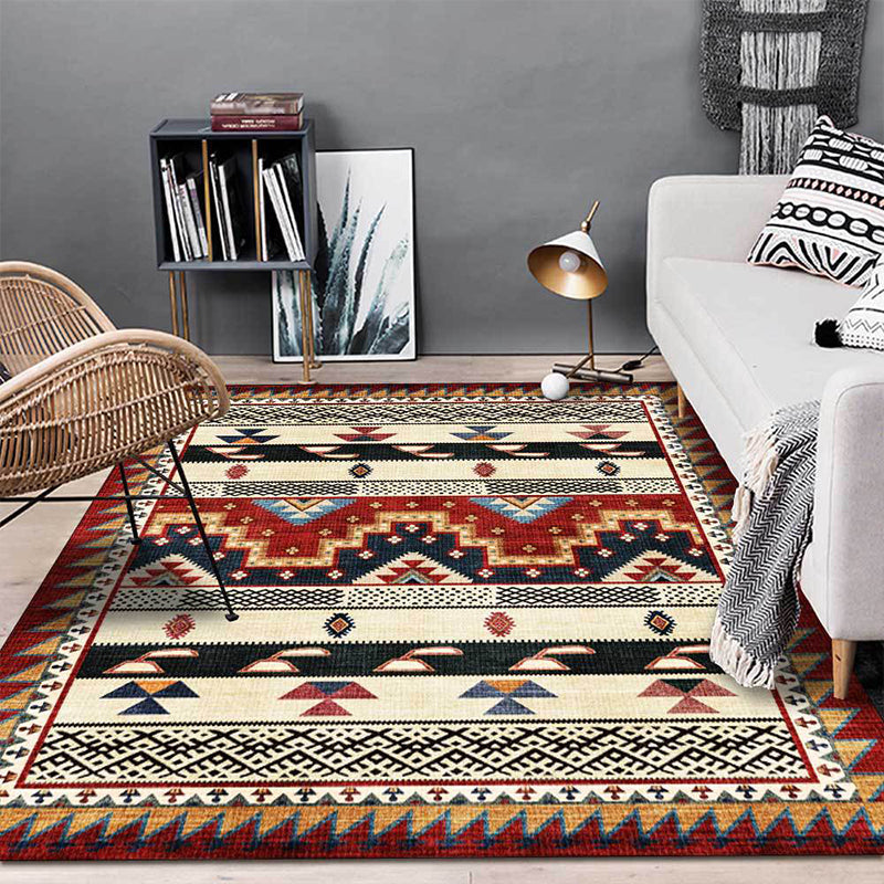 Southwest Tribal Geometric Print Carpet Red Polyester Carpet Machine Washable Non-Slip Blanket for Living Room