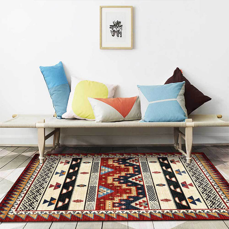 Southwest Tribal Geometric Print Carpet Red Polyester Carpet Machine Washable Non-Slip Blanket for Living Room