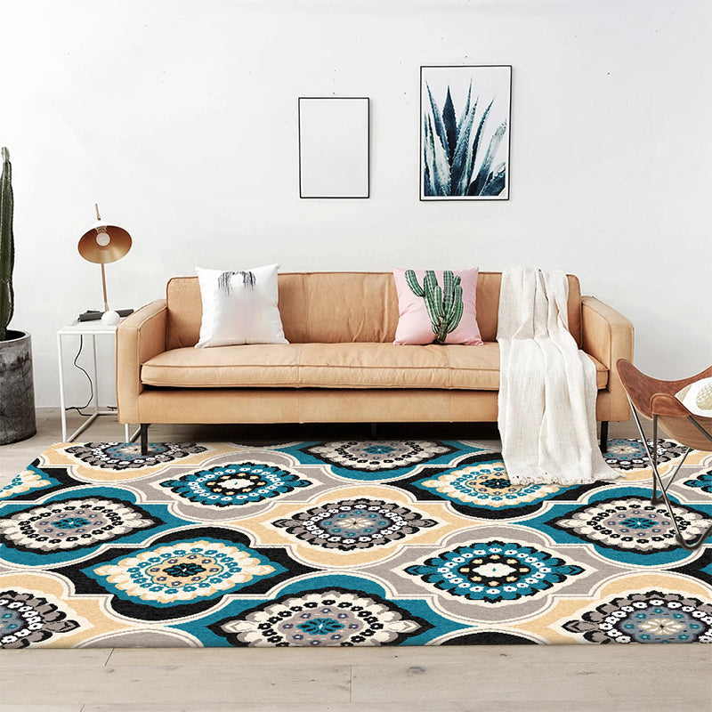 Classic Floral Design Rug Blue Vintage Rug Polyester Washable Non-Slip Back Rug for Bedroom