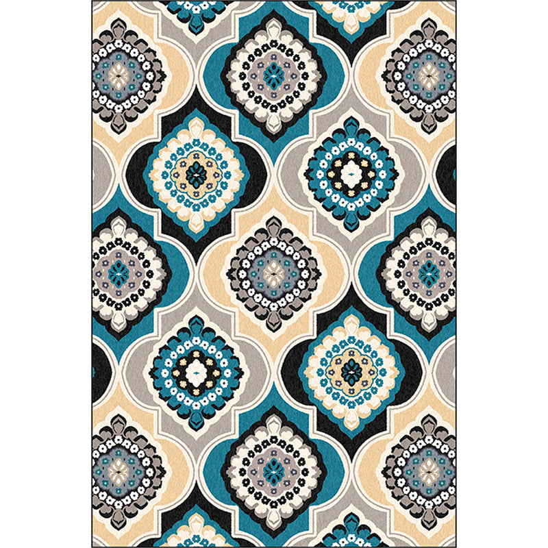 Classic Floral Pattern Rug Blue Vintage Rug Polyester Washable Non-Slip Mat Rug for Bedroom