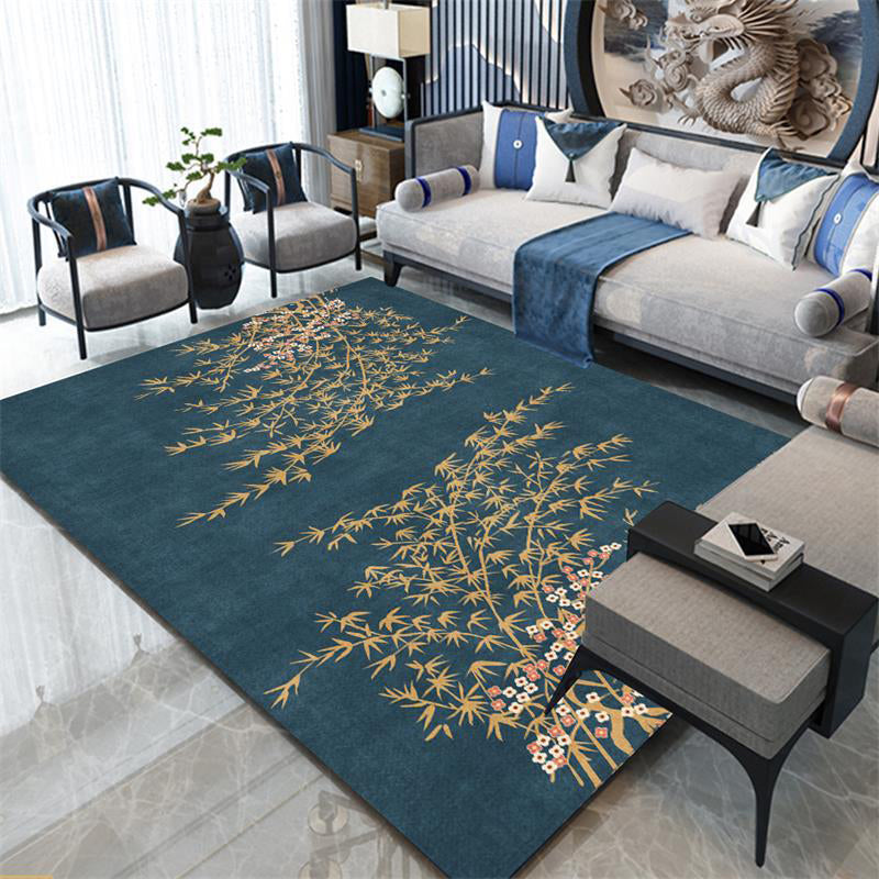 Retro Leaf Pattern Rug Navy Oriental Rug Polyester Washable Non-Slip Back Rug for Bedroom