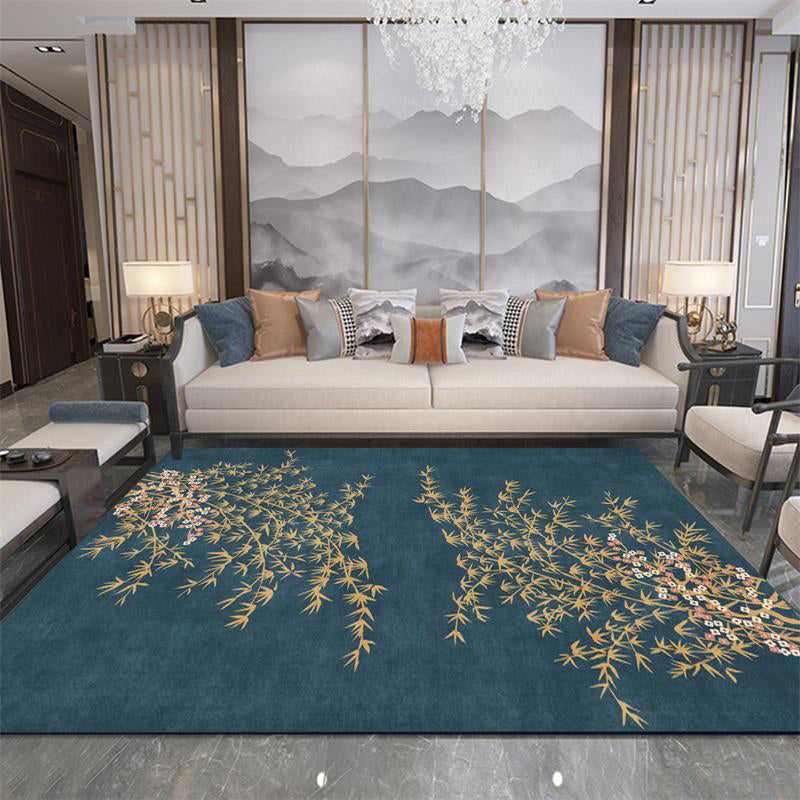 Retro Leaf Pattern Rug Navy Oriental Rug Polyester Washable Non-Slip Back Rug for Bedroom