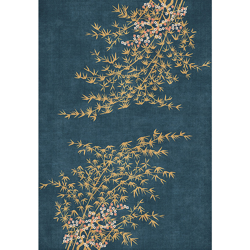 Retro Leaf Pattern Rug Navy Oriental Rug Polyester Washable Non-Slip Back Rug for Bedroom