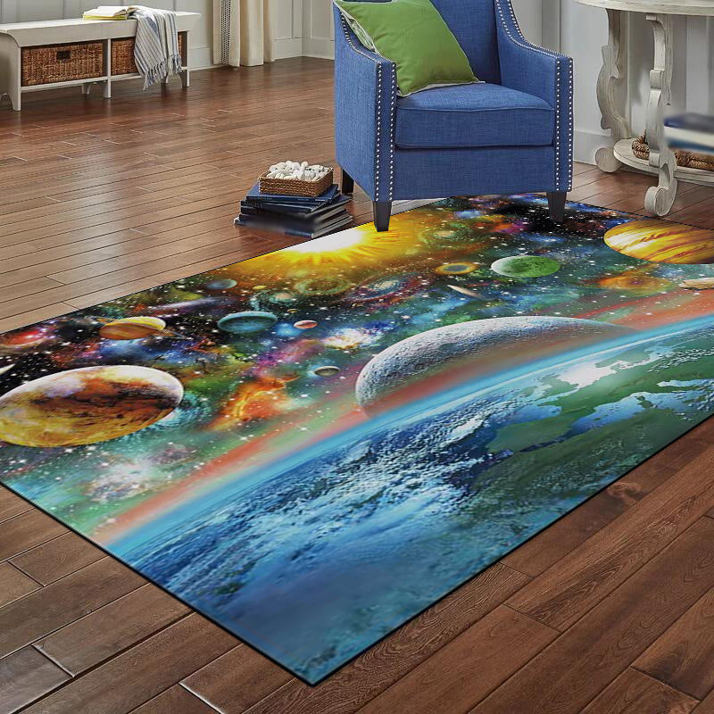 Scandinavian Modern Carpet in Blue Space Planet Pattern Carpet Polyester Non-Slip Rug for Home Decoration