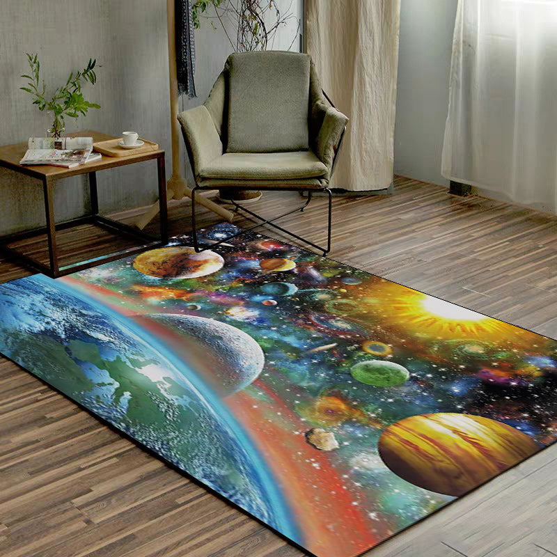 Scandinavian Modern Carpet in Blue Space Planet Pattern Carpet Polyester Non-Slip Rug for Home Decoration