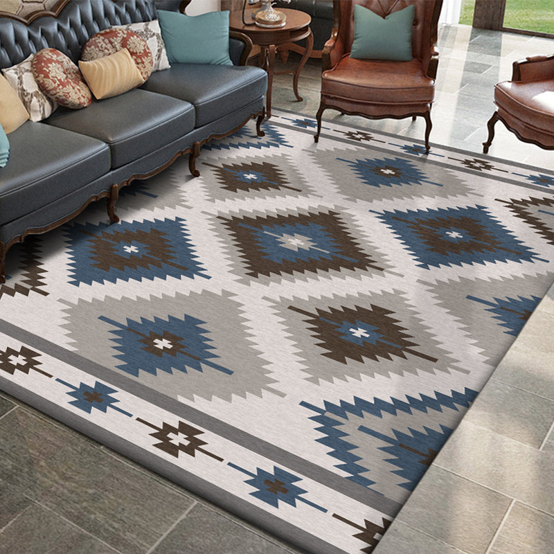 Blue and Gray Southwest Rug Polyester geometric pattern rug washable non-slip bottom rug for living room
