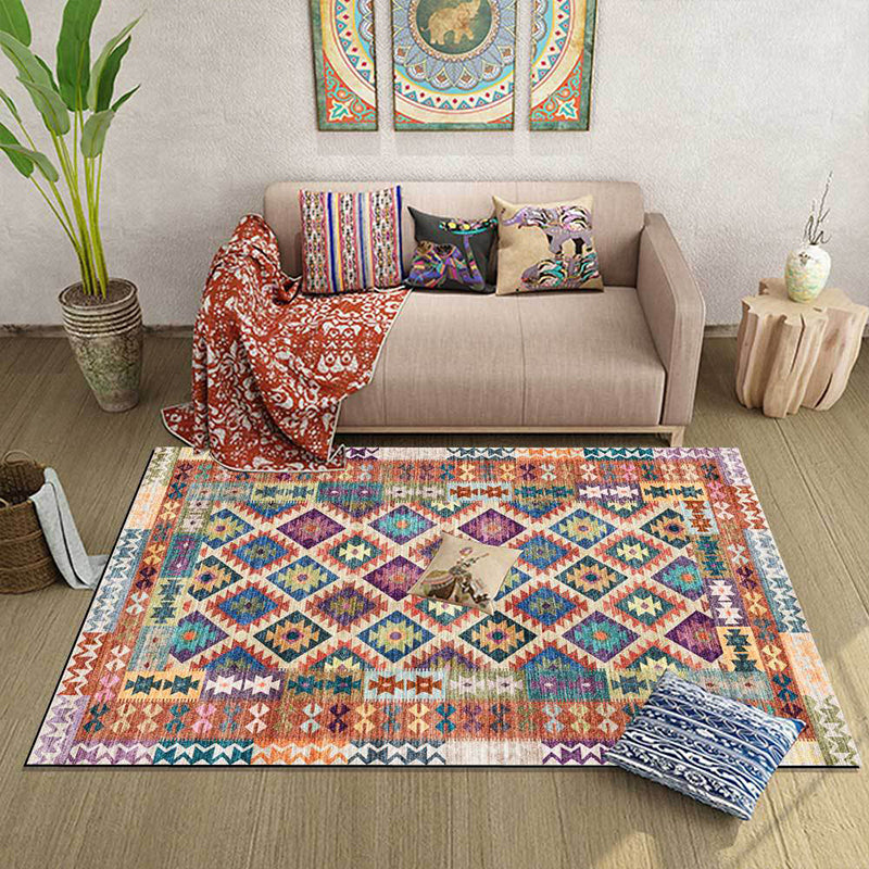 Yellow Persian Carpet Polyester Geometric and Check Pattern Carpet Washable Non-Slip Backing for Living Room