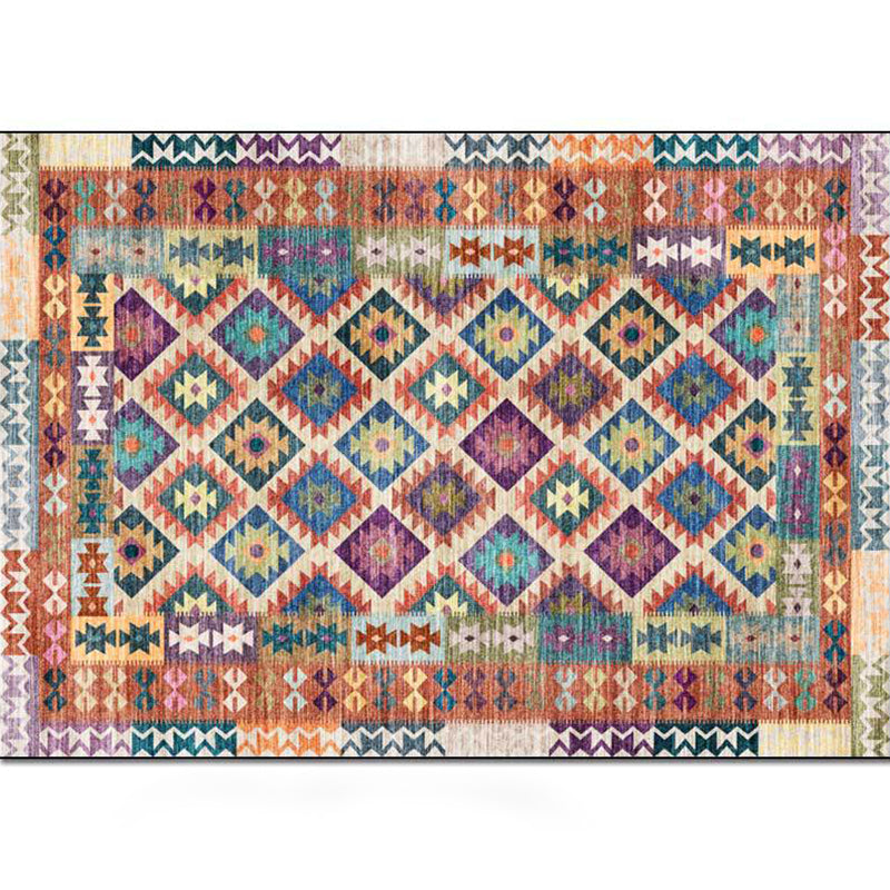 Yellow Persian Carpet Polyester Geometric and Check Pattern Carpet Washable Non-Slip Backing for Living Room