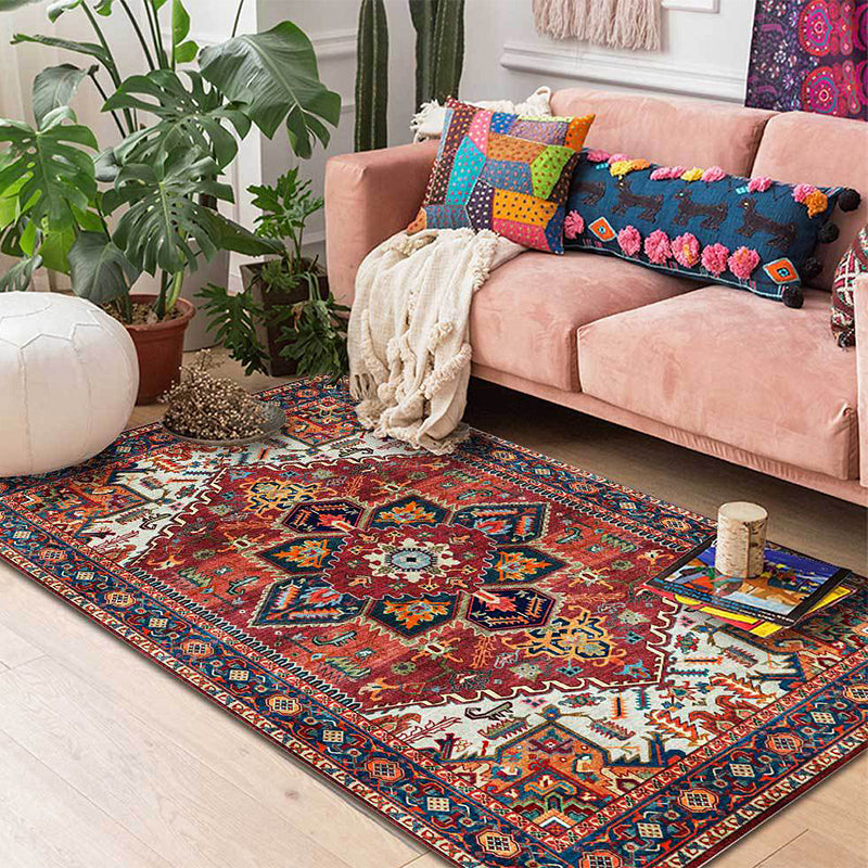 Retro Medallion Pattern Carpet Red Persian Carpet Polyester Machine Washable Non-Slip Area Rug for Bedroom