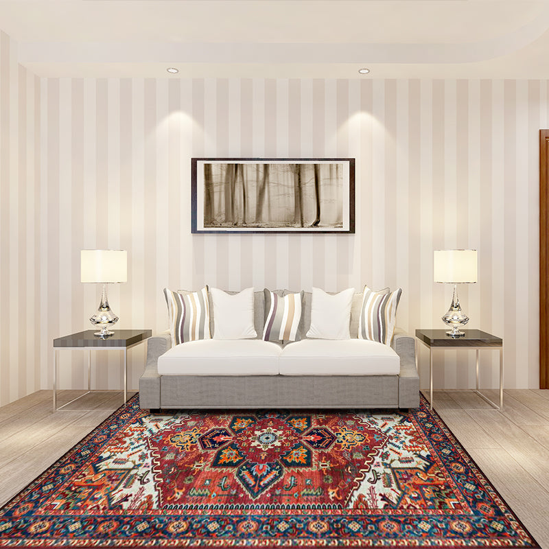 Retro Medallion Pattern Carpet Red Persian Carpet Polyester Machine Washable Non-Slip Area Rug for Bedroom