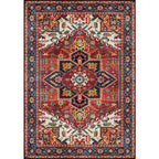 Retro Medallion Pattern Carpet Red Persian Carpet Polyester Machine Washable Non-Slip Area Rug for Bedroom