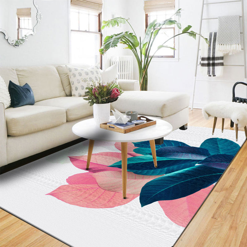 Traditional Leaf Pattern Carpet Blue and Pink Polyester Carpet Machine Washable Non-Slip Carpet for the Bedroom