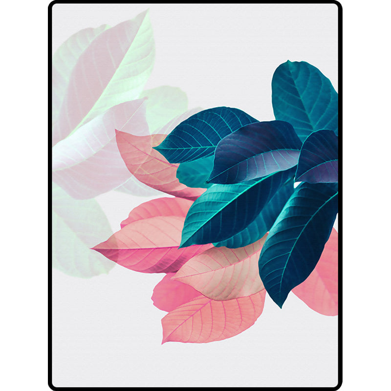 Traditional Leaf Pattern Carpet Blue and Pink Polyester Carpet Machine Washable Non-Slip Carpet for the Bedroom