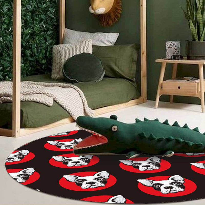 Kids Bedroom Rug in Black Animal Dog Dots Print Rug Polyester Stain Resistant Pet Friendly Area Rug