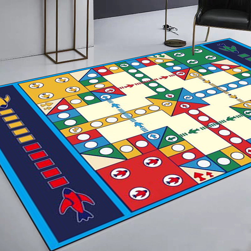 Unique Children's Carpet in Blue Educational Ludo Pattern Carpet Polyester Stain Resistant Rug for Nursery